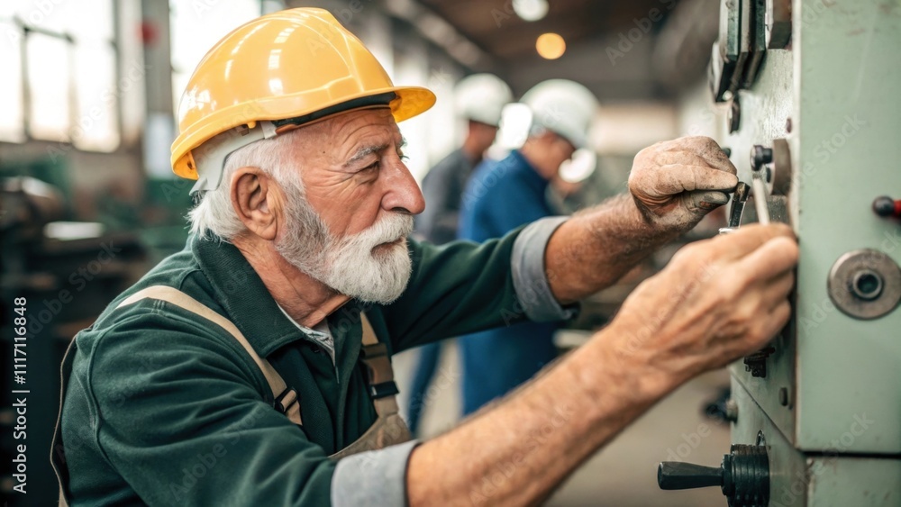 A closeup of an elderly man with a white beard wearing a safety helmet focusing intently as he adjusts the settings on a large industrial machine. His weathered hands indicate A closeup of an elderly man with a white beard wearing a safety helmet focusing intently as he adjusts the settings on a large industrial machine. His weathered hands indicate