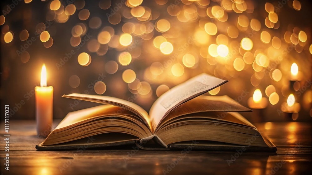 Open book illuminated by candlelight with a bokeh background, open book, candle, light, bokeh, background, reading Open book illuminated by candlelight with a bokeh background, open book, candle, light, bokeh, background, reading