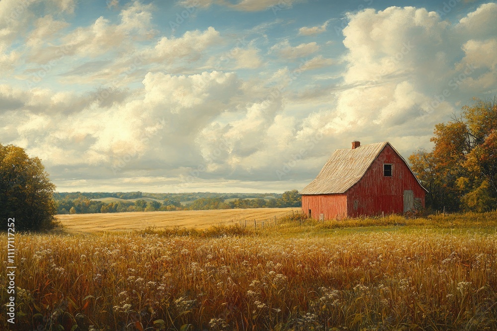 Rustic red barn in golden field under dramatic sky. Rustic red barn in golden field under dramatic sky.