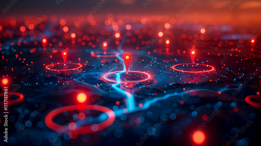 Abstract Visualization of Red Location Pins on a Digital Map Surface Abstract Visualization of Red Location Pins on a Digital Map Surface
