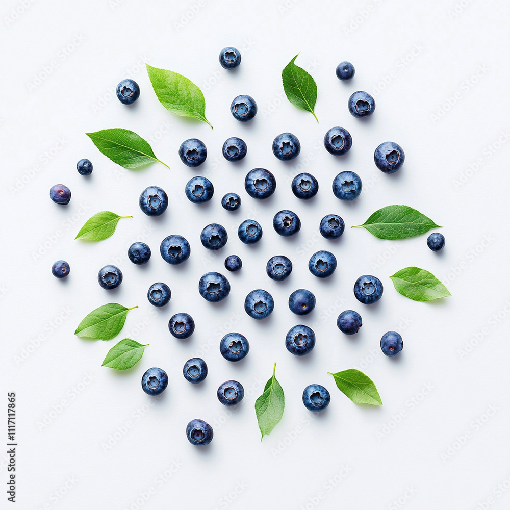 Fresh blueberries with green leaves arranged beautifully on white background Fresh blueberries with green leaves arranged beautifully on white background