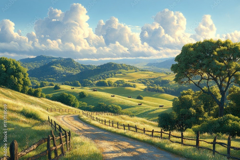 Naklejka premium Scenic rural landscape with winding road and lush hills.