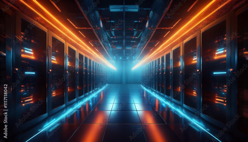 A futuristic server room illuminated with vibrant blue and orange lights, showcasing rows of sleek cabinets in a high-tech environment.
