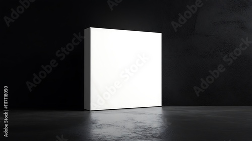 A blank  white light box illuminated from the front  placed in an empty  dark room. The background is black 