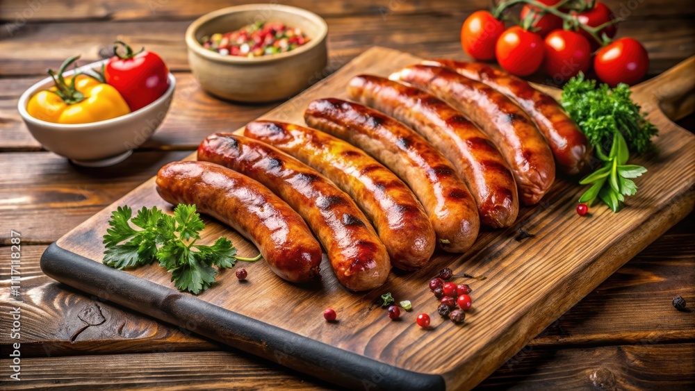 Grilled sausage on a wooden board at a Brazilian barbecue, Grilled, Sausage, Wooden, Board, Brazilian, Barbecue, Food, Cooking Grilled sausage on a wooden board at a Brazilian barbecue, Grilled, Sausage, Wooden, Board, Brazilian, Barbecue, Food, Cooking