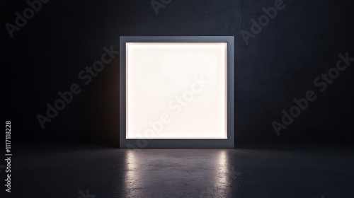 A blank  white light box illuminated from the front  placed in an empty  dark room. The background is black 