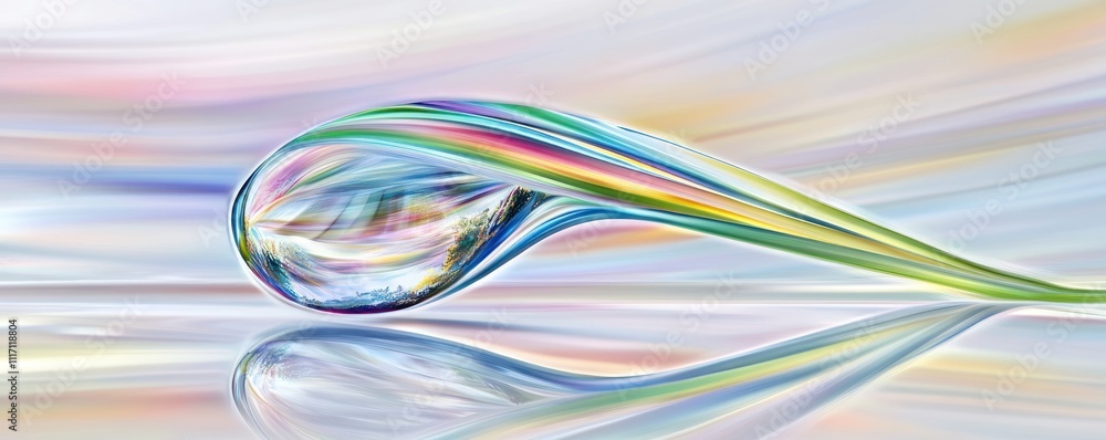 A colorful, abstract depiction of a droplet reflecting light and colors on a smooth surface. A colorful, abstract depiction of a droplet reflecting light and colors on a smooth surface.