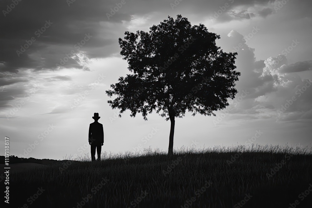Silhouette of a man standing on a hill next to a tree under dramatic sky. Silhouette of a man standing on a hill next to a tree under dramatic sky.