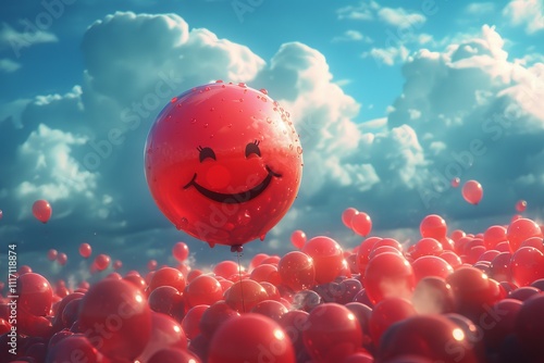 Cheerful Red Balloon with a Smile Rising Above a Sea of Red Balloons Under a Bright Blue Sky and Fluffy White Clouds photo