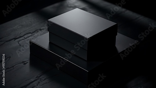 Packaging box on a sleek black surface with dramatic lighting, perfect for high-end product presentation, luxury branding, and sophisticated designs. Ideal for modern, minimal, and elegant visuals. photo