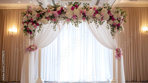 Custom colors available for ceremony arch backdrops to match any wedding theme photo