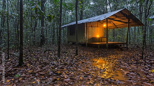 Illuminated Cabin in a Wet Forest