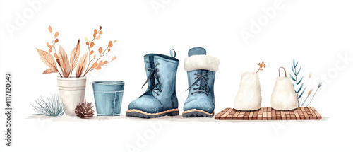 Cozy winter scene featuring blue boots, potted plants, and decorative elements. Perfect for evoking warmth and comfort during chilly season