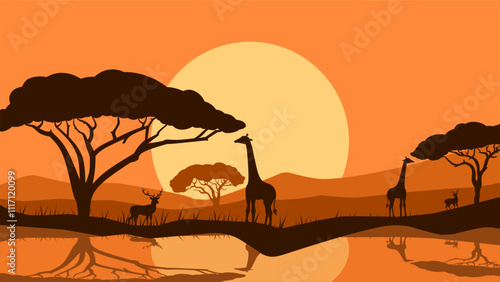 Landscape illustration of savanna wildlife