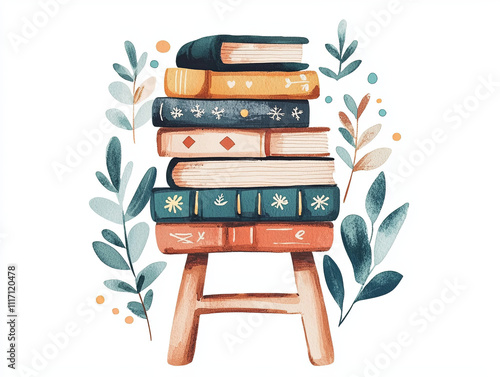 Cozy stack of colorful books surrounded by green leaves and dots, creating whimsical and inviting atmosphere. Perfect for book lovers and nature enthusiasts photo