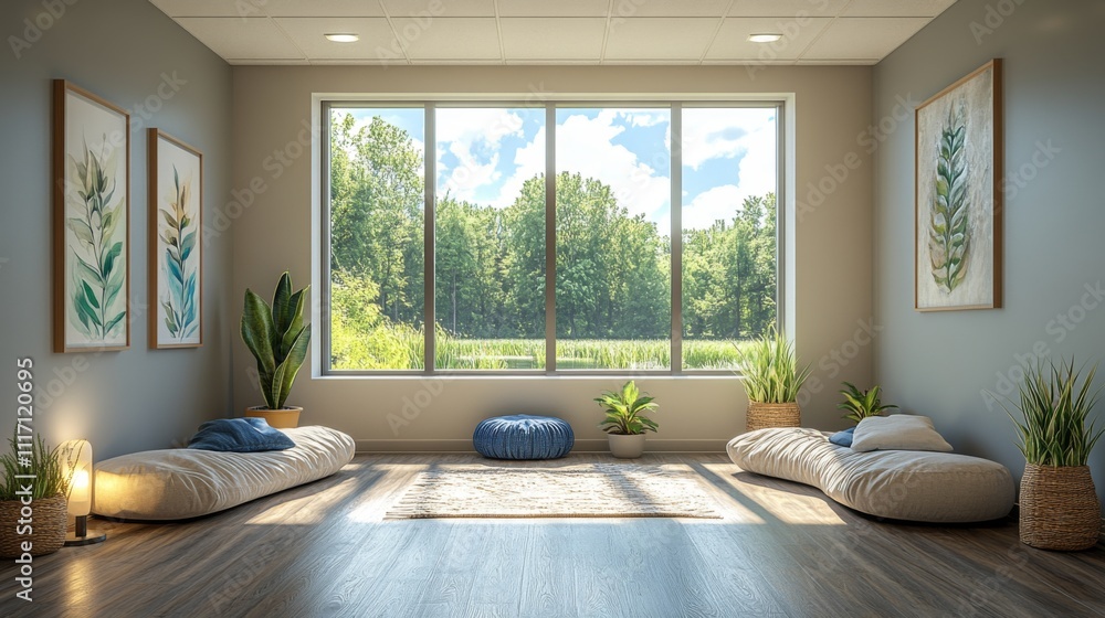A tranquil meditation area features comfortable cushions, plants, and large windows allowing sunlight and nature views into the room, creating a calming atmosphere. A tranquil meditation area features comfortable cushions, plants, and large windows allowing sunlight and nature views into the room, creating a calming atmosphere.