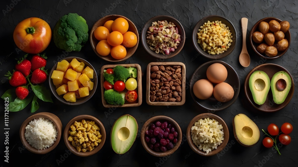 Many different healthy food on dark textured table, flat lay Many different healthy food on dark textured table, flat lay