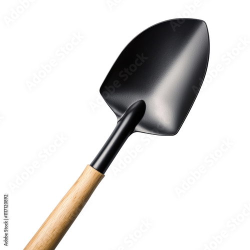 Close-up of a black garden shovel with wooden handle