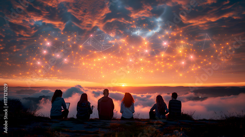 Group of Friends Watching Sunset with Stars and Clouds Above