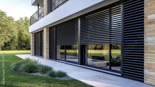 Elegant outdoor roller blinds enhance modern window aesthetics. photo