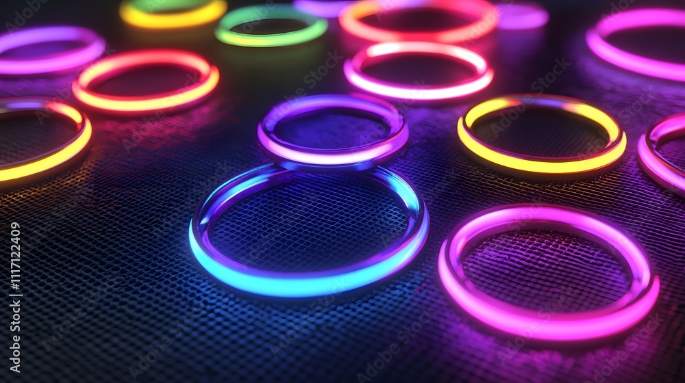 Vibrant neon rings scattered on dark surface. Vibrant neon rings scattered on dark surface.
