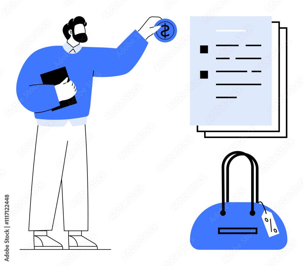 Man holding clipboard and dollar sign token examines checklist and purse. Ideal for finance, budgeting, shopping, retail, personal finance, decision making, consumer awareness. Line metaphor Man holding clipboard and dollar sign token examines checklist and purse. Ideal for finance, budgeting, shopping, retail, personal finance, decision making, consumer awareness. Line metaphor