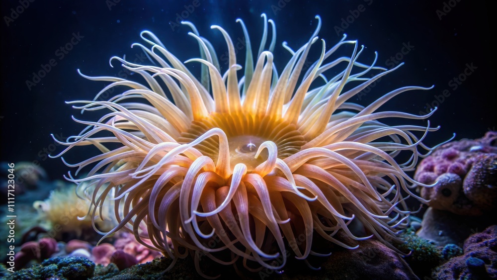 Anemone sea creature with tentacles underwater at night , marine life, ocean, underwater, sea creature Anemone sea creature with tentacles underwater at night , marine life, ocean, underwater, sea creature
