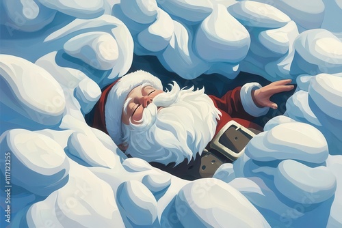 A whimsical Santa Claus  is nestled in snow hole, surrounded by fluffy snow, evoking a cozy winter scene. photo