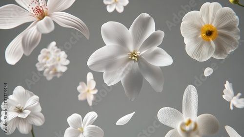 flying jasmine in mid air stop motion flower for gardening or nature isolated grey background photo