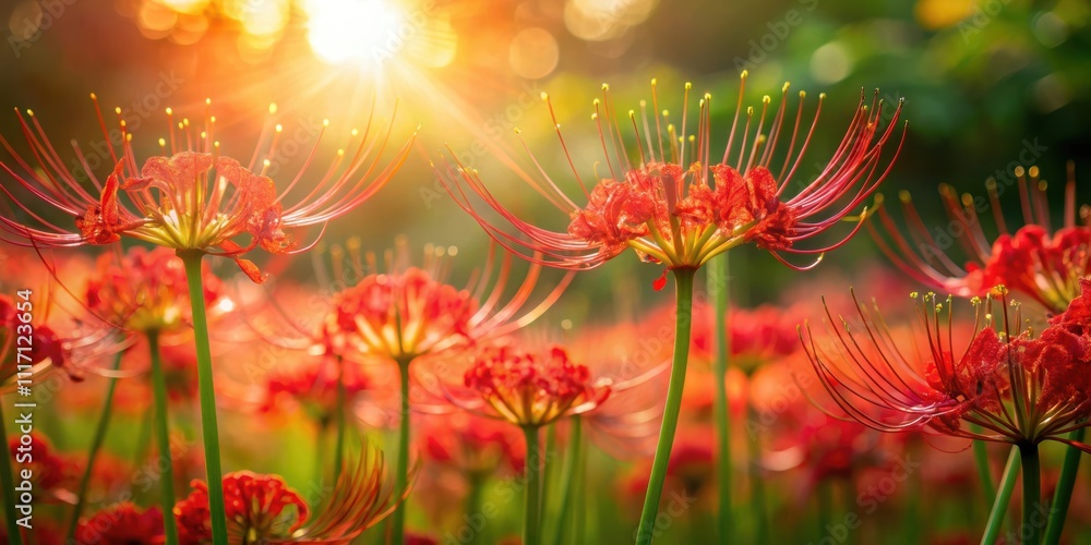 Autumn red spider lilies bathed in sunlight with lens flare , autumn, red, spider lily, flowers, sunlight, lens flare, vibrant Autumn red spider lilies bathed in sunlight with lens flare , autumn, red, spider lily, flowers, sunlight, lens flare, vibrant