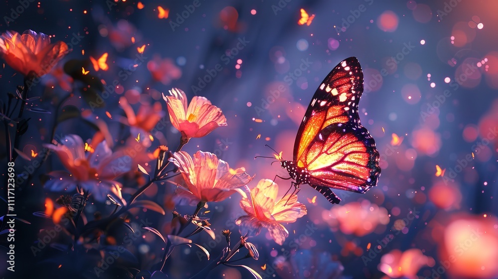 Butterfly Landing on Pink Cosmos Flowers in Sunset Light with blur background, Ai Generative. Butterfly Landing on Pink Cosmos Flowers in Sunset Light with blur background, Ai Generative.