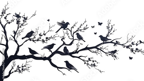 Silhouette of birds perched on a blossoming tree branch with butterflies.