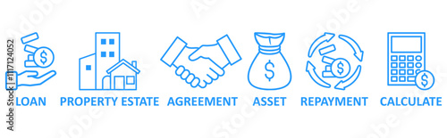 Mortgage icon set illustration concept with icon of loan,prooperty estate, agreement, asset, repayment, calculate