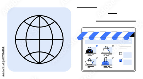 Globe symbol next to online storefront featuring bags, shopping cart, and checkboxes for selection. Ideal for e-commerce, online shopping, global market, retail business, digital marketing, internet