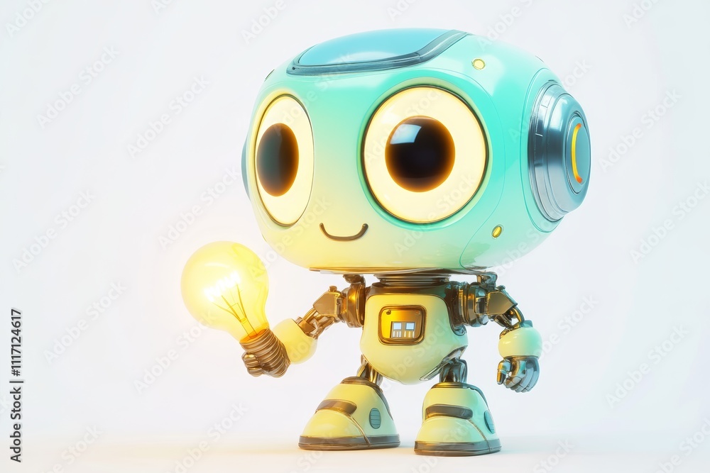 A friendly 3D cartoon robot with a shiny metallic body and big round eyes, holding a glowing light bulb, set against a white background. A friendly 3D cartoon robot with a shiny metallic body and big round eyes, holding a glowing light bulb, set against a white background.