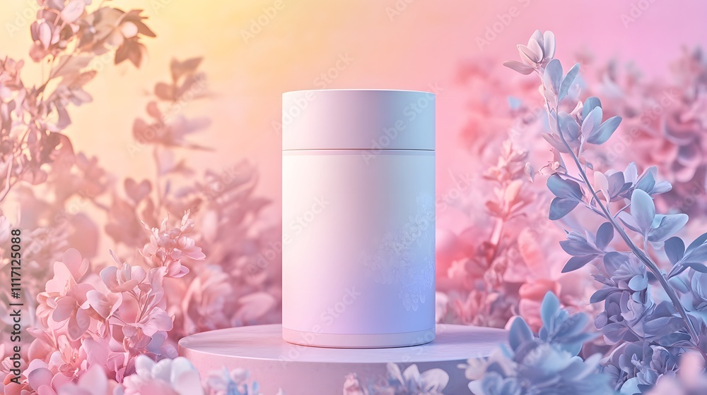 Blank mockup template of a packaging label on a cylindrical ceramic container surrounded by soft gradient lighting and pastel florals. Blank mockup template of a packaging label on a cylindrical ceramic container surrounded by soft gradient lighting and pastel florals.
