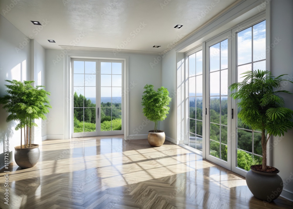 Fototapeta premium Minimalist Empty Interior with White Walls and Potted Plants on Balcony - A Serene 3D Render for Modern Living Spaces and Interior Design Inspiration