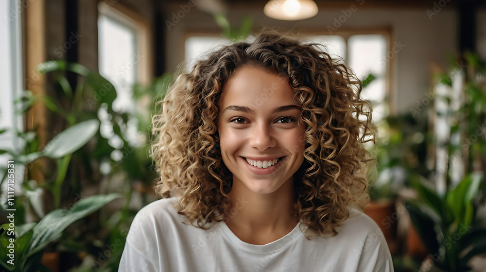 A smiling person with curly hair in a plant-filled room. A smiling person with curly hair in a plant-filled room.