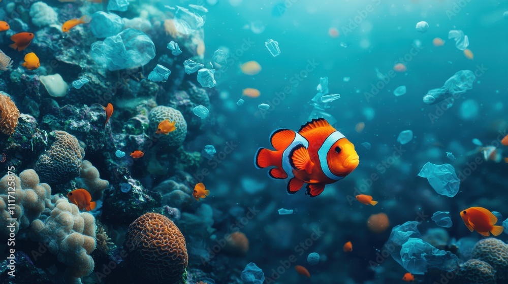 Naklejka premium Animal pollution microplastics. Vibrant clownfish swimming among colorful coral reefs underwater.