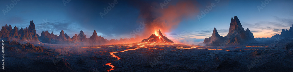 Fototapeta premium Erupting volcano in Russia with flowing lava and dramatic landscape