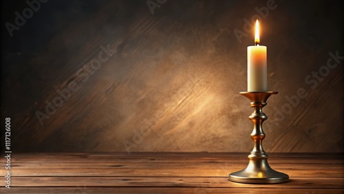 Elegant brass candlestick with lit candle casting a warm glow in an indoor setting, candlestick, brass, elegant