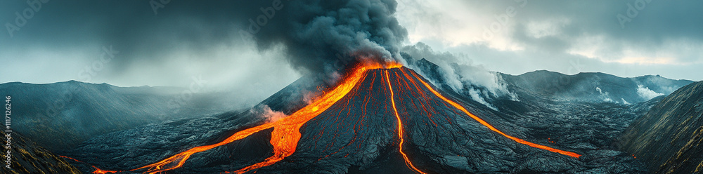 Erupting volcano in Russia with flowing lava and smoke, showcasing natures power Erupting volcano in Russia with flowing lava and smoke, showcasing natures power