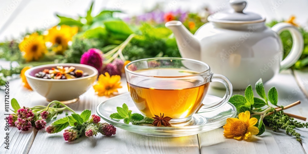 Minimalist Photorealistic Herbal Tea Display on Flat White Background with Vivid Colors and High Depth of Field for Stock Photography Minimalist Photorealistic Herbal Tea Display on Flat White Background with Vivid Colors and High Depth of Field for Stock Photography