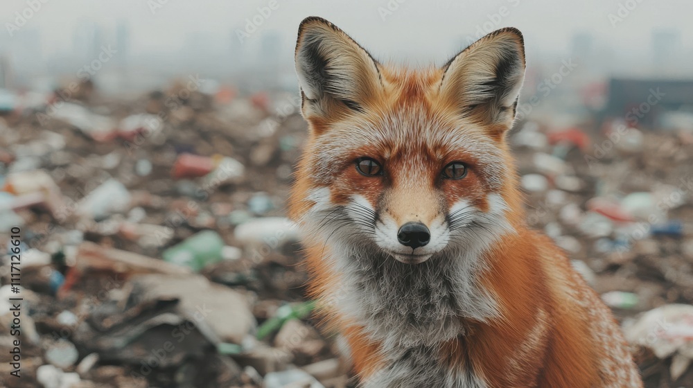 Fototapeta premium Animal pollution microplastics. Fox in a littered environment showcasing urban wildlife challenges.