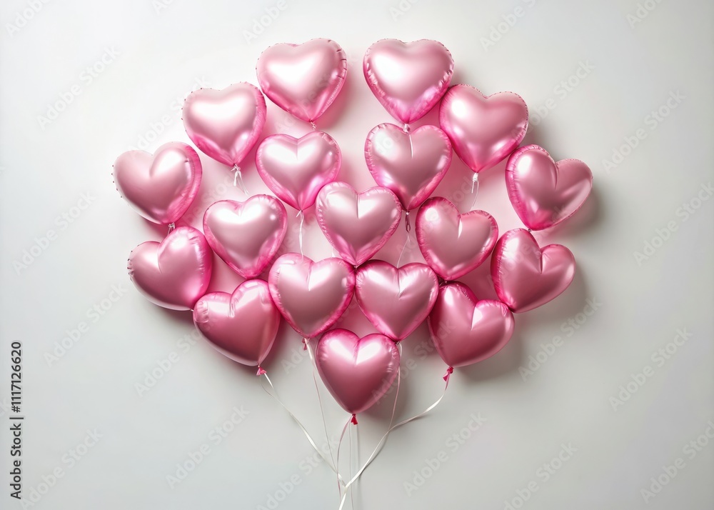 Fototapeta premium Minimalist Wedding Decor with Pink Heart-Shaped Balloons on White Background Perfect for Valentine's Day Celebrations and Romantic Photo Zones for Lovers