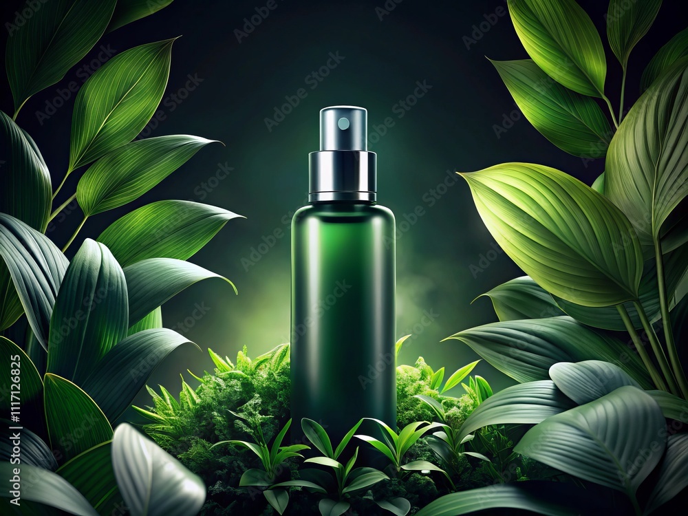 Mockup of a Cosmetic Bottle Surrounded by Green Leaves on a Dark Background in Silhouette Photography for Product Display and Natural Beauty Concepts Mockup of a Cosmetic Bottle Surrounded by Green Leaves on a Dark Background in Silhouette Photography for Product Display and Natural Beauty Concepts
