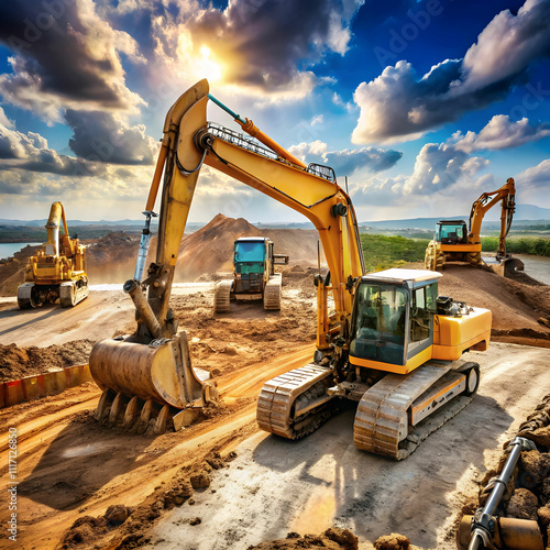 A cartoon-style depiction of construction machinery in action, featuring vibrant