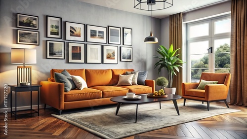 Modern Living Room Interior Featuring an Orange Sofa, Stylish Armchair, Chic Coffee Table, and Artful Pictures on the Walls for Contemporary Home Decor Inspiration