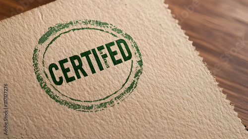 Certified Stamp, Textured Paper, Green Ink, Wooden Background, Authentic Mark, Quality Assurance, Approval, Documentation