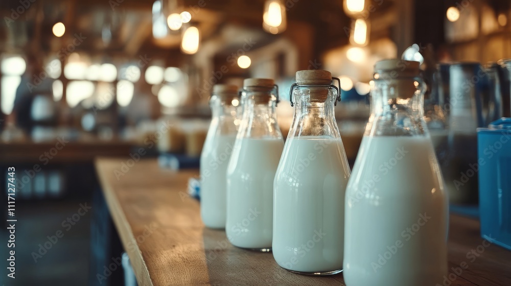 A row of glass milk bottles on a wooden counter, illuminated by warm lights in a cozy, rustic cafe setting.